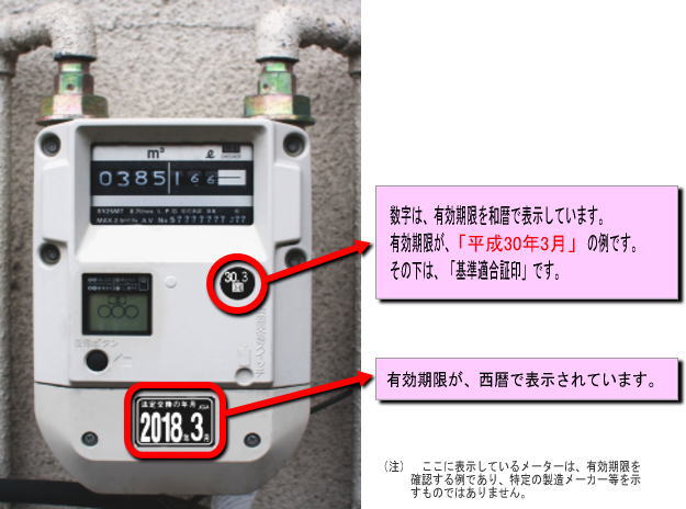 ガスメーターの有効期限の確認。数字は、有効期限を和暦または西暦で表示します。数字の下は、「基準適合証印」です。