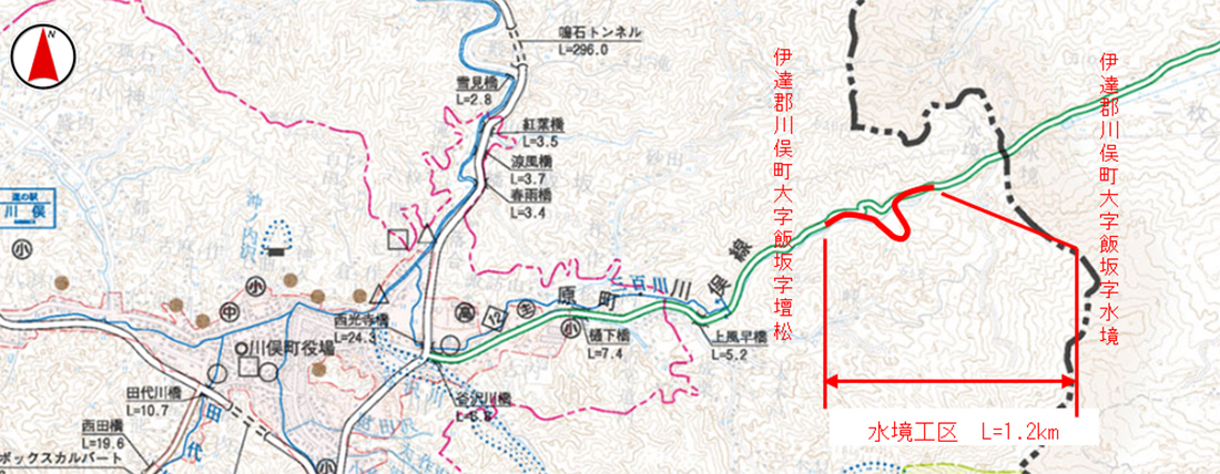 原町川俣線　水境工区の地図