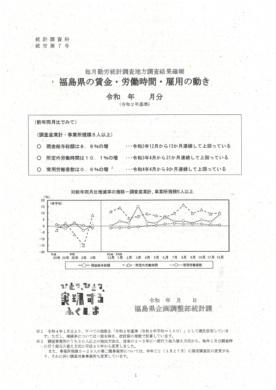 福島県の賃金・労働時間及び雇用の動き(月報)