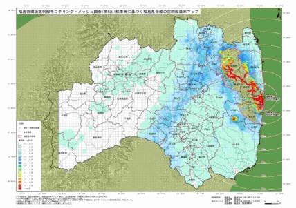 第6回メッシュ調査を線量率別に色分けした福島県全体の地図