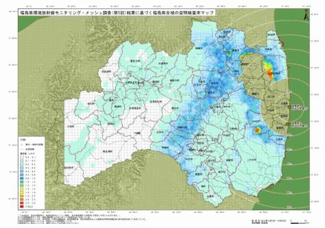 第５回メッシュ調査を線量率別に色分けした福島県全体の地図