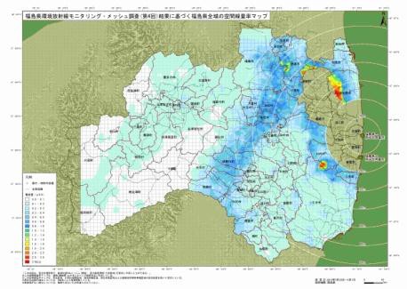 第4回メッシュ調査を線量率別に色分けした福島県全体の地図