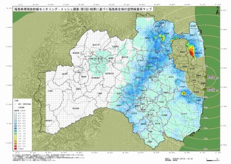 第3回メッシュ調査を線量率別に色分けした福島県全体の地図