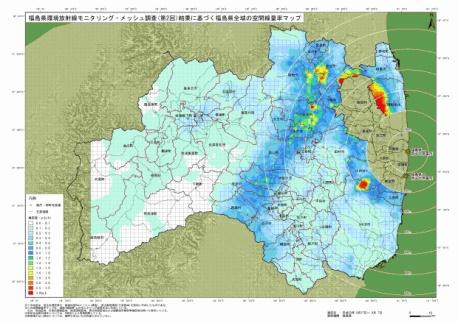 第2回メッシュ調査を線量率別に色分けした福島県全体の地図