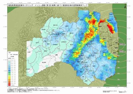 第1回メッシュ調査を線量率別に色分けした福島県全体の地図